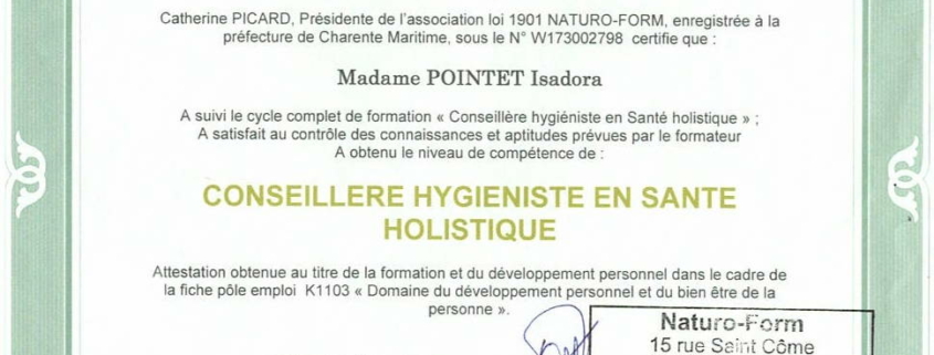 Certificat de naturopathie Isadora Pointet
